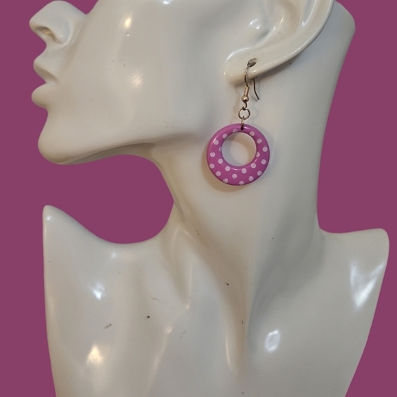 Vintage Jewelry - VTG 1980s Pastel Pink Polka Dot Circle Dangle Hook Earrings